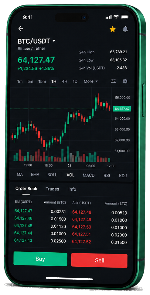 Plateforme de trading NégozCryptobot sur mobile — graphique BTC/USDT en temps réel, carnet d’ordres et interface d’achat/vente